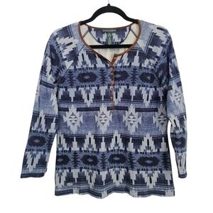 Lauren Ralph Lauren XL Blue Aztec Waffle Knit Henley Top Long Sleeve Shirt Retro